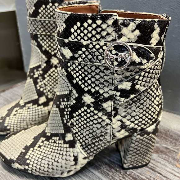 Coach Elisa Leather Ankle Bootie Boots In Faux Snakeskin and COACH Logo Buckle. - Picture 5 of 13
